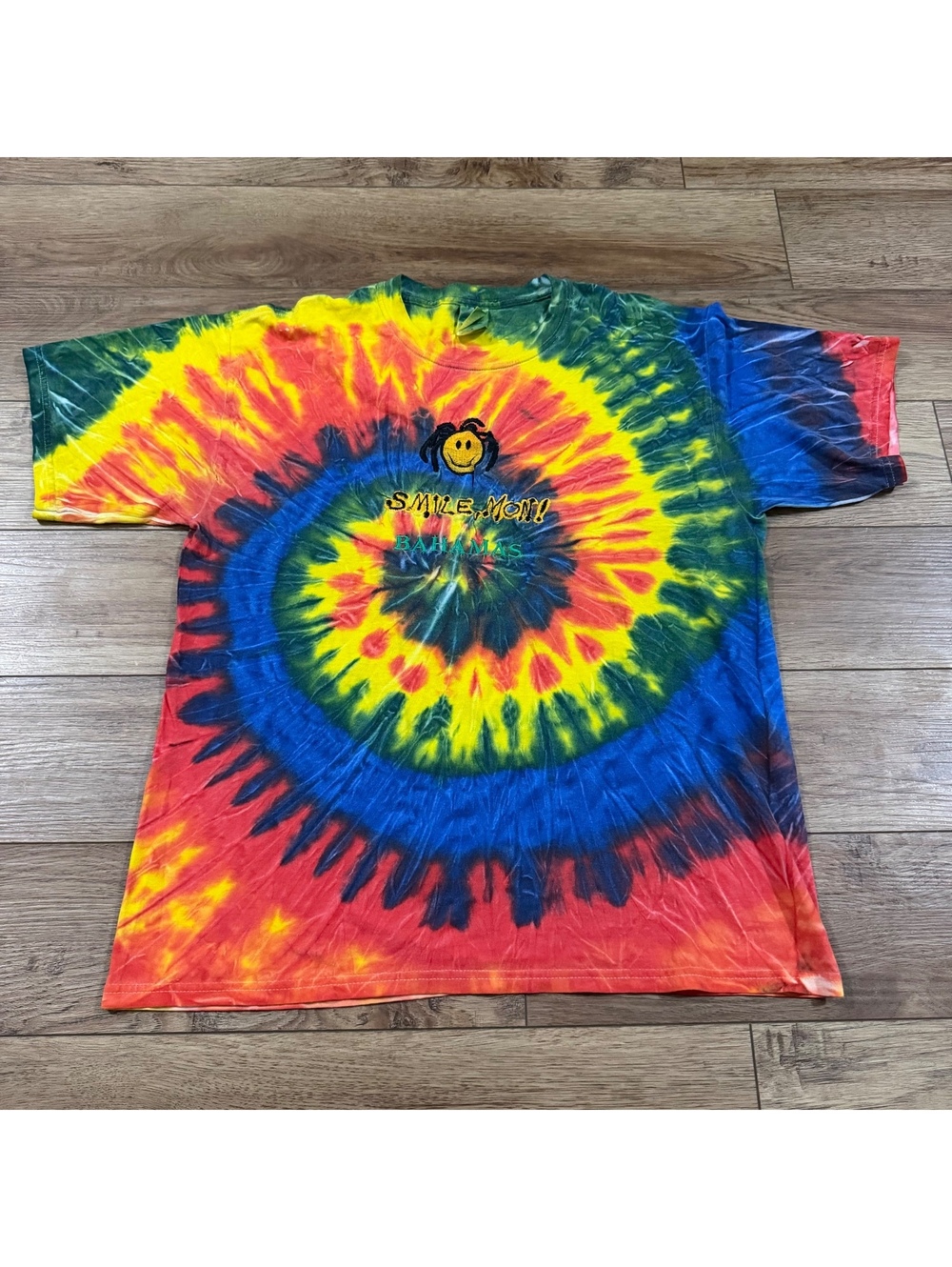 Vintage Y2K Smile Mon Bahamas Tie Dye T Shirt Large